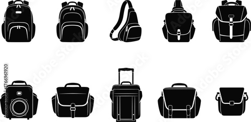 Bag silhouettes, backpack, sling, messenger, duffel, briefcase, rolling suitcase, crossbody, flap closure, buckle detail, black icons, travel gear
