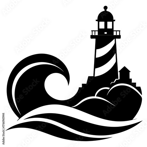 Stylized black silhouette of a lighthouse on a rocky cliff with a large wave crashing nearby