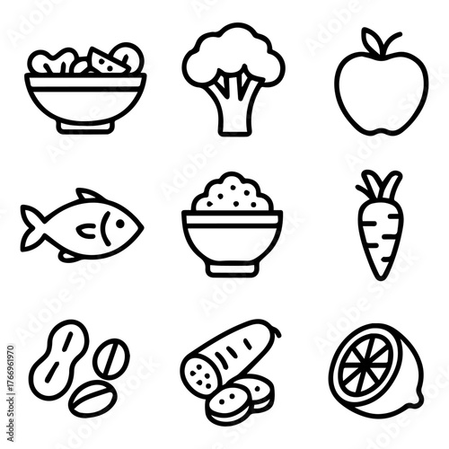 Selection of Fresh, Healthy Food Icons for Wellness and Nutrition