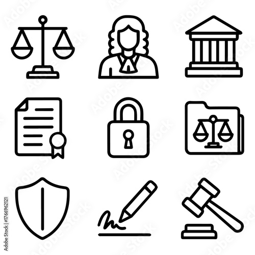 Essential Legal Justice System Line Icons Collection Illustrating Key Concepts of Law, Rights, Authority, Security, and Agreements for Educational Content and Professional Use