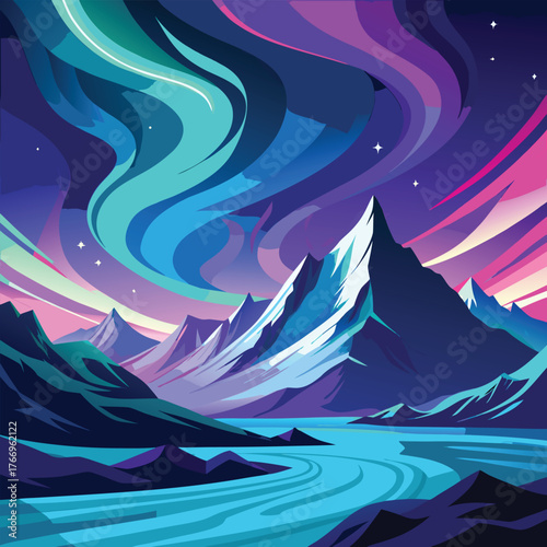 Serene River Valley with Snow Peaks and Colorful Aurora Sky Keywords: river, valley, mountains