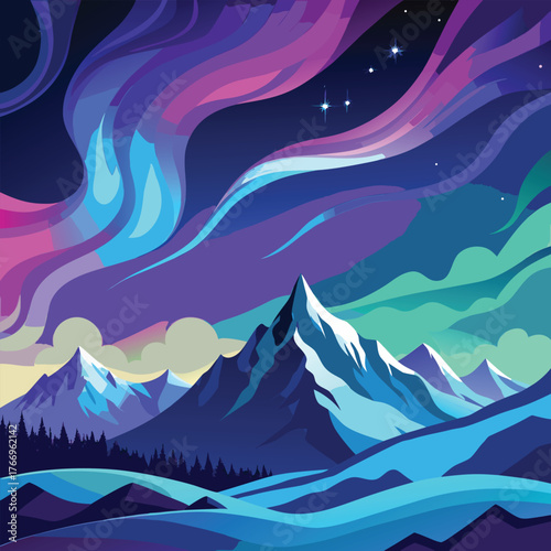 Majestic Snowy Mountains Under a Vibrant Aurora Borealis Sky Keywords: mountains, snow, aurora