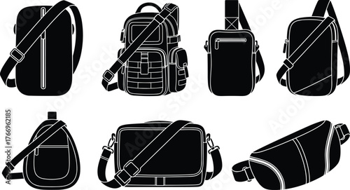 Bag silhouettes, backpack, sling, crossbody, waist pouch, zipper pocket, strap design, black icons, fashion accessory layout