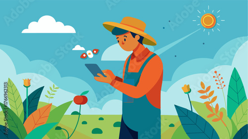 A farmer uses a handheld device to quickly scan crops for pests and diseases detecting issues in realtime and taking necessary action.. Vector illustration