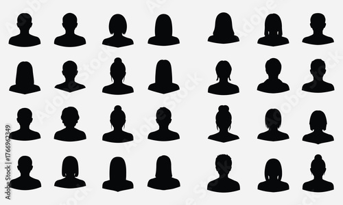 A collection of black silhouette icons representing anonymous user profiles, avatars, and contacts with various hairstyles