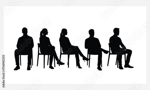 Silhouettes of people sitting on chairs against a white background, representing waiting or meetings