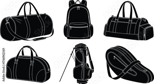 Bag silhouettes, duffel, backpack, golf bag, saddle bag, zipper pocket, shoulder strap, black icons, travel and sport gear layout