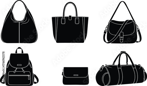 Bag silhouettes, hobo, tote, satchel, backpack, clutch, duffel, flap closure, buckle detail, black icons, fashion accessory layout
