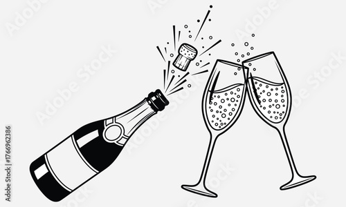 Celebrate in Style Champagne Bottle Popping with Glasses Toasting, Festive Joy and Bubbles