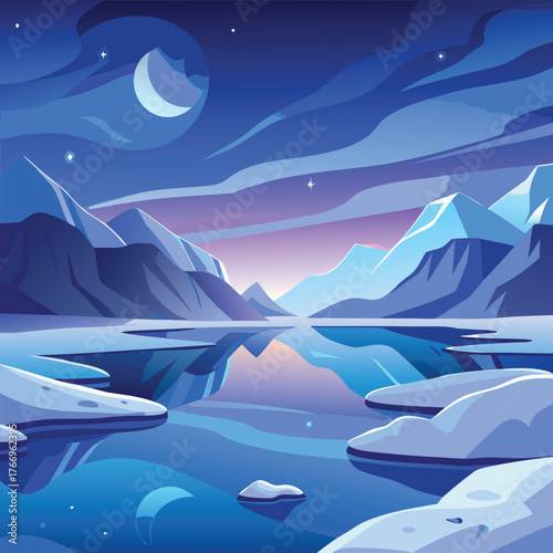 Serene Winter Landscape With Icy Lake And Moon snow