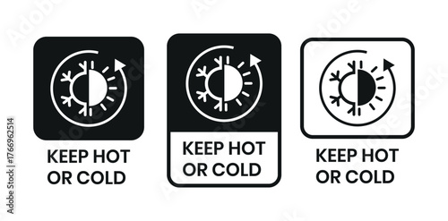 Keep Hot or cold icon set on white background. Snowflake and fire icons. Keep Hot or cold logo, label, badge, sticker, symbol, stamp, banner, circle, black, line, flat vector, isolated illustration.