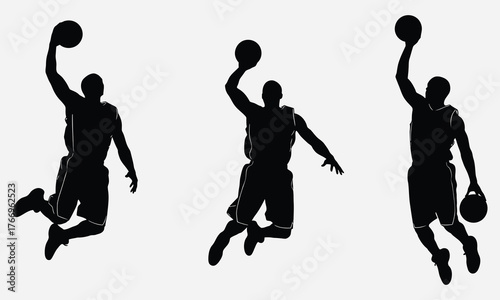 Dynamic Silhouettes of Basketball Players in Action, Capturing the Excitement of a Slam Dunk; Energetic Athletic Movement and Sportive Competition
