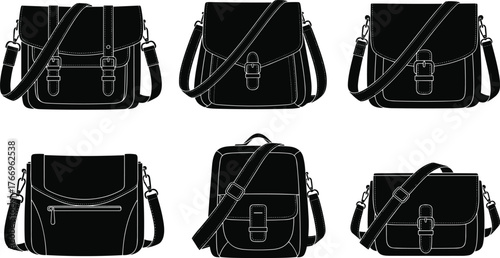 Bag silhouettes, satchel, messenger, backpack, flap cover, buckle detail, zipper pocket, shoulder strap, black icons, fashion layout