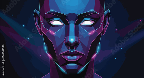 Abstract minimalist neon head silhouettes with glowing eyes and vibrant pink blue lines on a dark background with a futuristic feel.