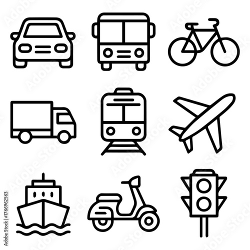 Outline vector transport icons car, bus, bike, truck, train, plane, ship, scooter, and traffic light. Ideal for digital design, travel, and logistics themes