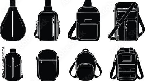 Bag silhouettes, sling, backpack, crossbody, shoulder bag, tactical gear, zipper pocket, flap cover, black icons, fashion accessory layout