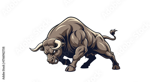Powerful muscular bull charging forward with horns and determined expression.