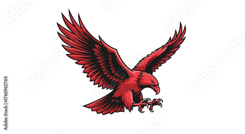 A dynamic red eagle in mid-flight, wings fully extended and talons poised for attack, against a clean white background.