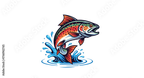 A colorful illustration of a rainbow trout leaping out of water with splashes, perfect for fishing and outdoor related designs.