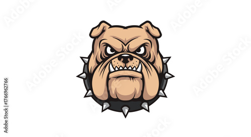 Angry bulldog head wearing a spiked collar, illustrated in a fierce cartoon style, suitable for a sports mascot or team logo.