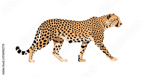 A stylized illustration of a walking cheetah with its iconic spotted fur and tear marks, isolated on a white background.