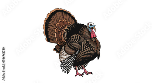 Illustration of a male wild turkey with its tail feathers fanned out in display; courtship behavior.