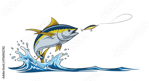A tuna fish leaps out of the water to catch a fishing lure.