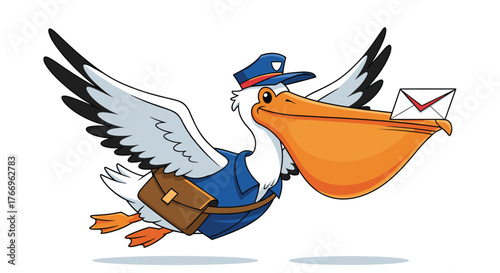 Cartoon pelican postman flies while carrying a letter in its pouch, wearing a cap and postman uniform, suitable for graphics.