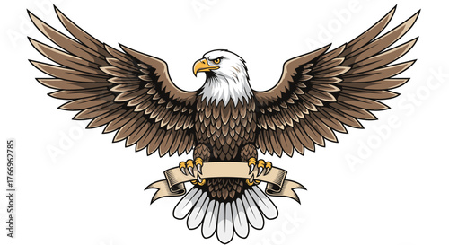 Majestic American Bald Eagle with Wings Spread and Banner Illustration, Perfect for Patriotic Designs and Symbolism.