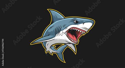 An aggressive cartoon great white shark mascot with sharp teeth and an open mouth, depicted with a gold outline against a black background.