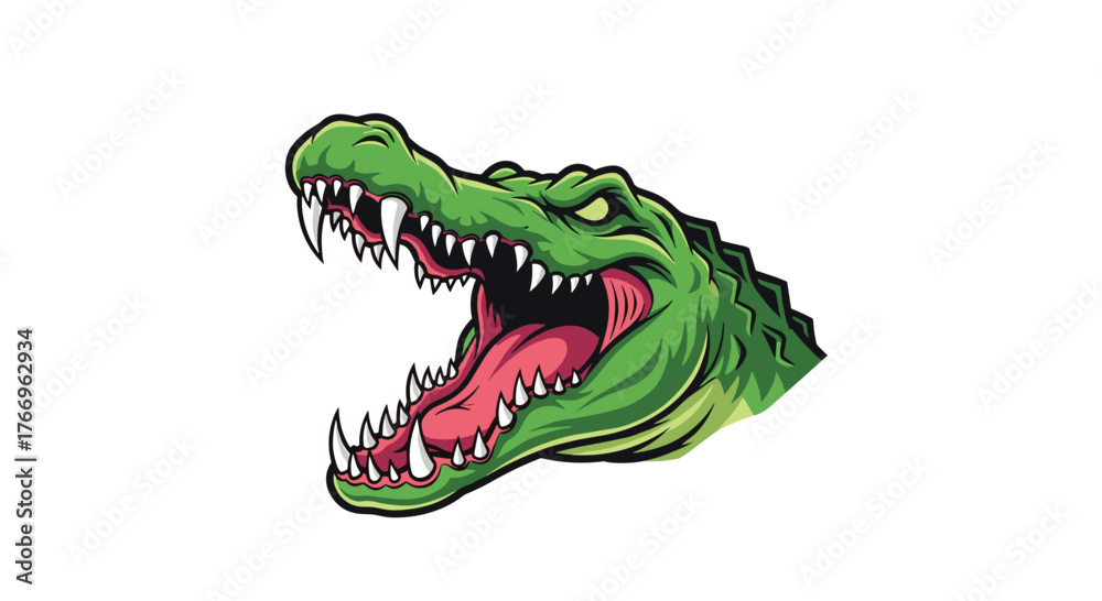 Fototapeta premium A vibrant green alligator or crocodile head with its mouth open wide, displaying sharp teeth and a pink tongue, against a clean white background.