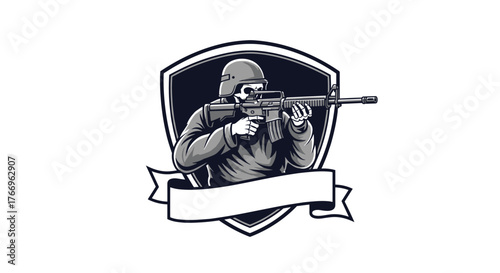 Illustration of a skeleton soldier aiming an assault rifle within a shield emblem with a banner.