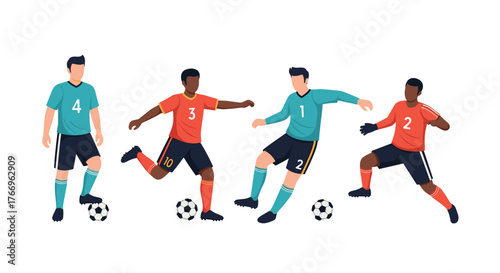 Four diverse male soccer players in various action poses, demonstrating different skills on a white background, representing teamwork and athletic competition.