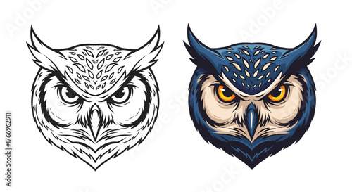 Detailed illustration of an owl's head, presented in both line art and full color versions, perfect for design projects and educational materials, on a white background, featuring sharp details.