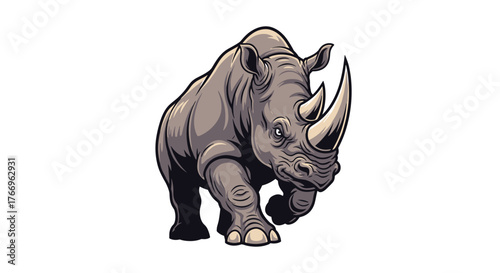 Powerful stylized illustration of a rhinoceros with two prominent horns, depicted charging forward on a plain white background.