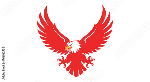 A fierce red eagle soars with its wings outstretched, capturing a sense of power, freedom, and strength against a clean white backdrop.