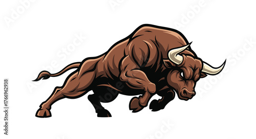 Powerful brown bull charging forward aggressively with sharp horns, a symbol of strength and determination, isolated on white background.