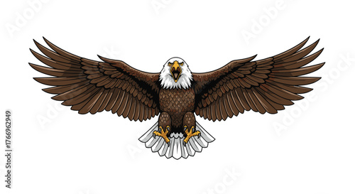 A powerful and majestic bald eagle with wide-spread wings and an open beak, captured in a striking pose.