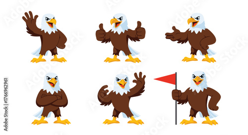 Cartoon eagle mascot in various poses, showing different gestures and holding a flag for design elements and concepts.