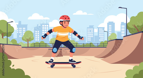 Young skater in protective gear enjoying a sunny day at the skate park, with ramps and cityscape in the background.