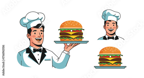 Chef in uniform serving a double cheeseburger on a tray, with additional chef and burger images for restaurant or food-related design.