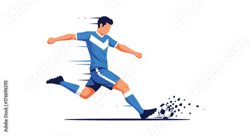 A dynamic illustration of a soccer player in a blue jersey kicking a ball with powerful motion and impact, against a clean white background.