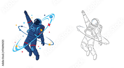 Astronaut in a dark blue suit floating in space with colorful stars and orbits around him.