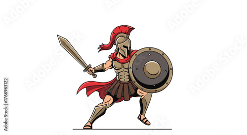 A fierce Spartan warrior in battle stance, wielding a sword and shield, ready to fight against any foe.