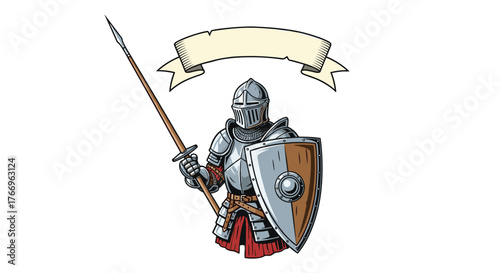 Knight in full armor holding a spear and shield with a banner above.