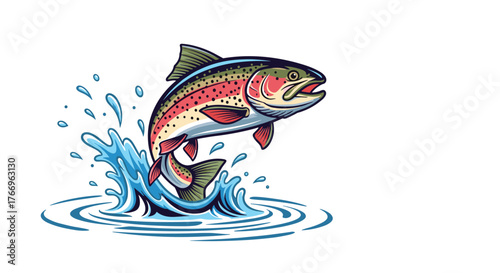 A stylized vector image depicts a rainbow trout jumping out of the water, surrounded by splashes and ripples, set against a white background.