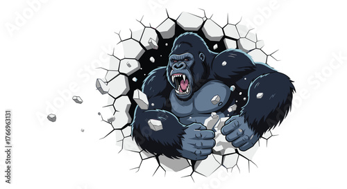 A powerful gorilla breaking through a wall, expressing strength and dominance against a white background.