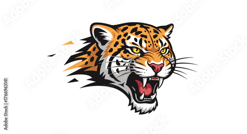 Ferocious jaguar head in a stylized design with an angry expression and tearing motion effect, perfect for sports teams or brand logos.