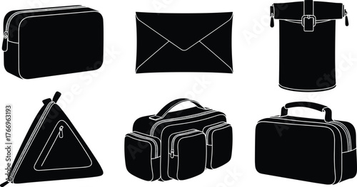 Bag silhouettes, toiletry pouch, clutch, duffel, lunchbox, camera bag, zipper pocket, buckle strap, black icons, travel gear layout