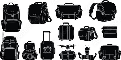 Camera and travel gear silhouettes, backpack, messenger bag, rolling luggage, drone, camera lens, pouch, black icons, photography layout